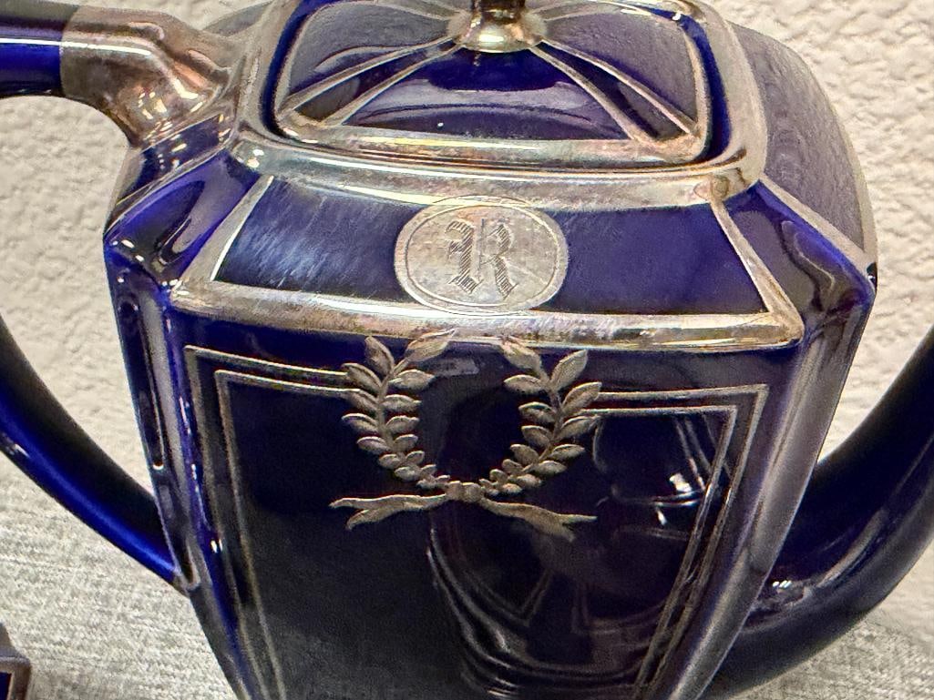 ANTIQUE LENOX COBALT BLUE CERAMIC COFFEE POT WITH STERLING SILVER OVERLAY - 5