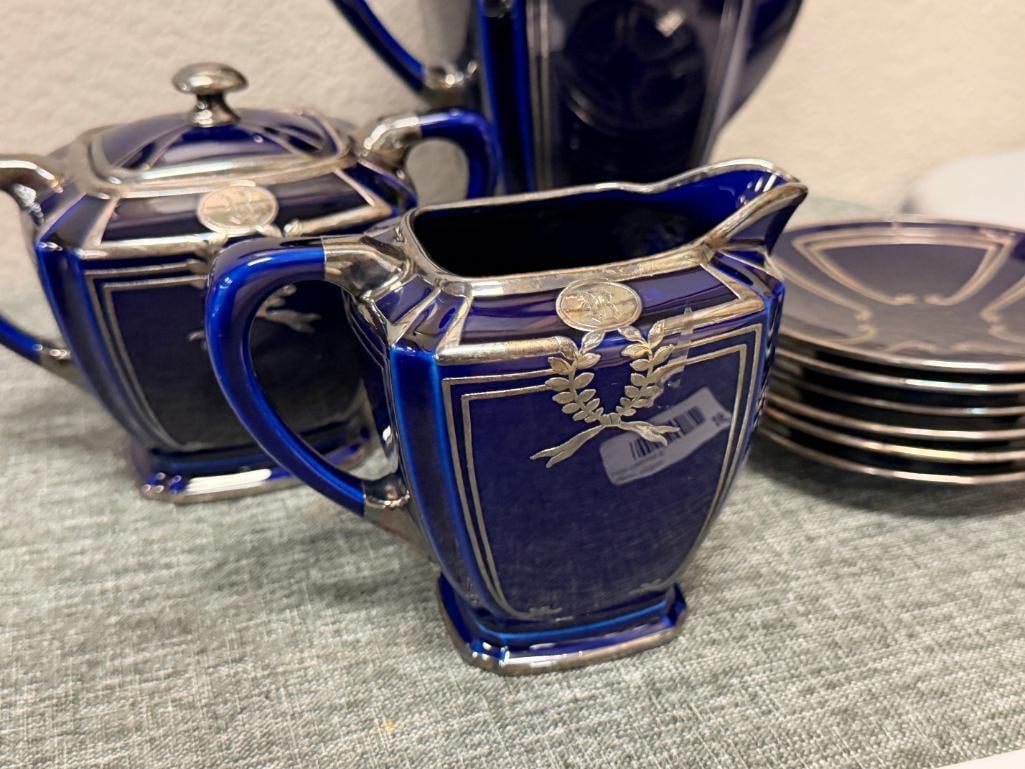 ANTIQUE LENOX COBALT BLUE CERAMIC COFFEE POT WITH STERLING SILVER OVERLAY - 6