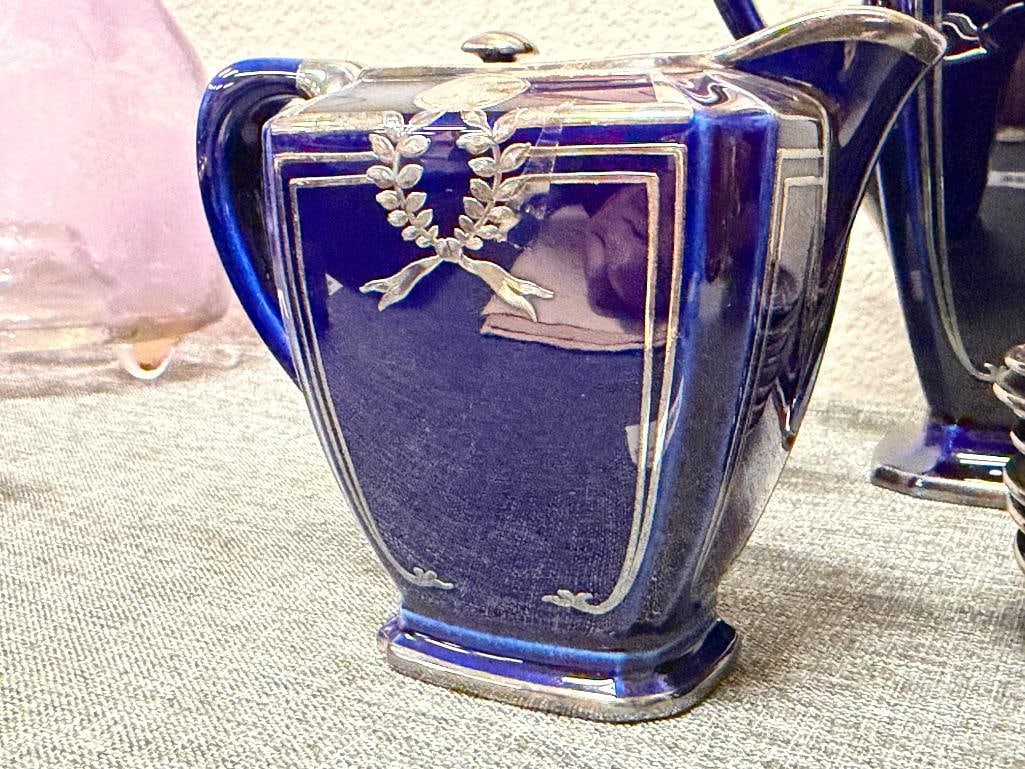 ANTIQUE LENOX COBALT BLUE CERAMIC COFFEE POT WITH STERLING SILVER OVERLAY - 7
