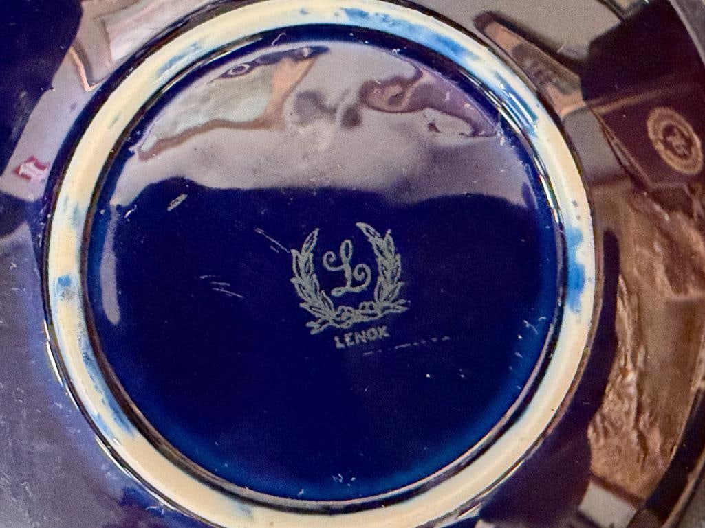 ANTIQUE LENOX COBALT BLUE CERAMIC COFFEE POT WITH STERLING SILVER OVERLAY - 9