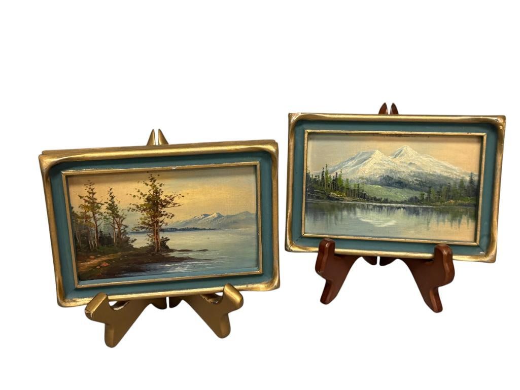 G.Y. SERISAWA JAPANESE BORN AMERICAN COMMERCIAL ARTIST ORIGINAL OIL ON BOARD MINIATURE PAINTINGS: G,Y, SERISAWA (1874-1927) WAS BORN IN JAPAN AND SETTLED IN CALIFORNIA AS A COMMERCIAL ARTIST AND OIL PAINTER, KNOWN FOR HIS LANDSCAPES, PAINTINGS DEPICT LAKE SCENES WITH MOUNTAINS IN THE BACKGROUNDS, 