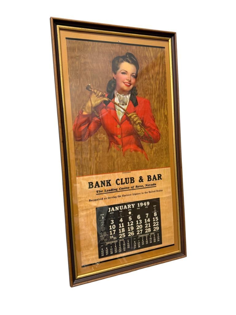 1949 ADVERTISEMENT CALENDAR FOR THE BANK CLUB RENO, NV ART BY PIN-UP ARTIST ZOE MOZERT: COMPLETE 1949 CALENDAR FOR THE BANK CLUB, A HISTORIC CASINO ONCE LOCATED IN RENO, NV, ILLUSTRATES A WOMAN IN RED RIDING COAT HOLDING A RIDING CROP, FRAMED 20" X 38" FRAME