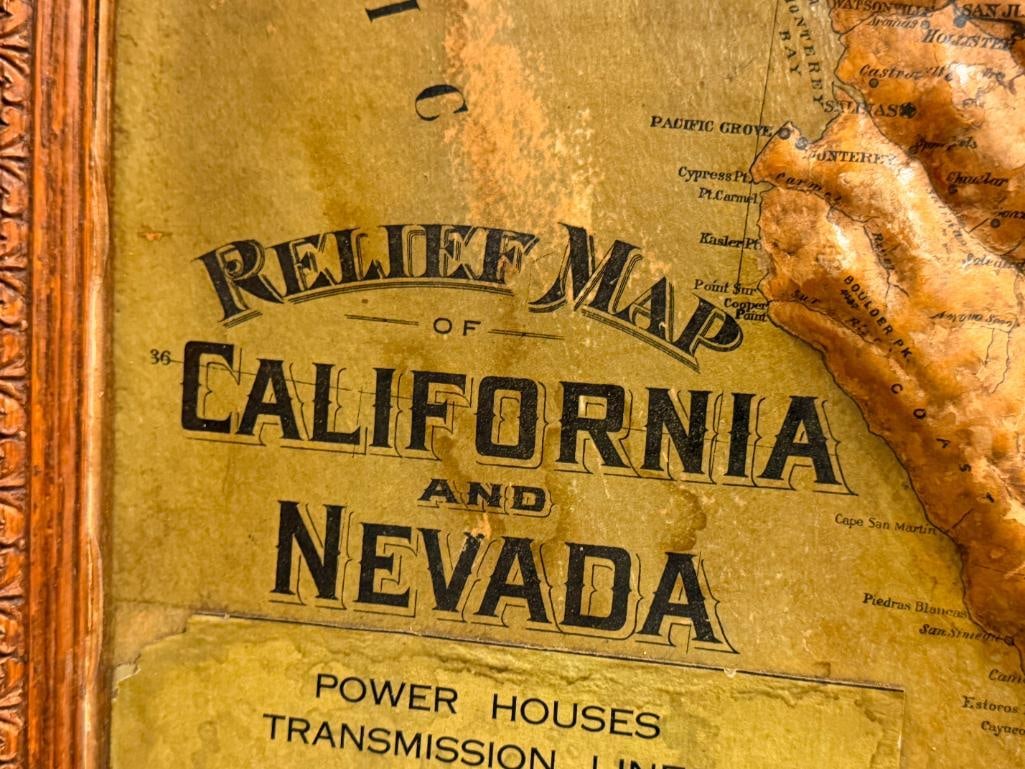 EARLY 20TH CENTURY 3D RAISED RELIEF MAP OF CALIFORNIA AND NEVADA POWER HOUSES BUSINESS FIELDS PG&E - 12