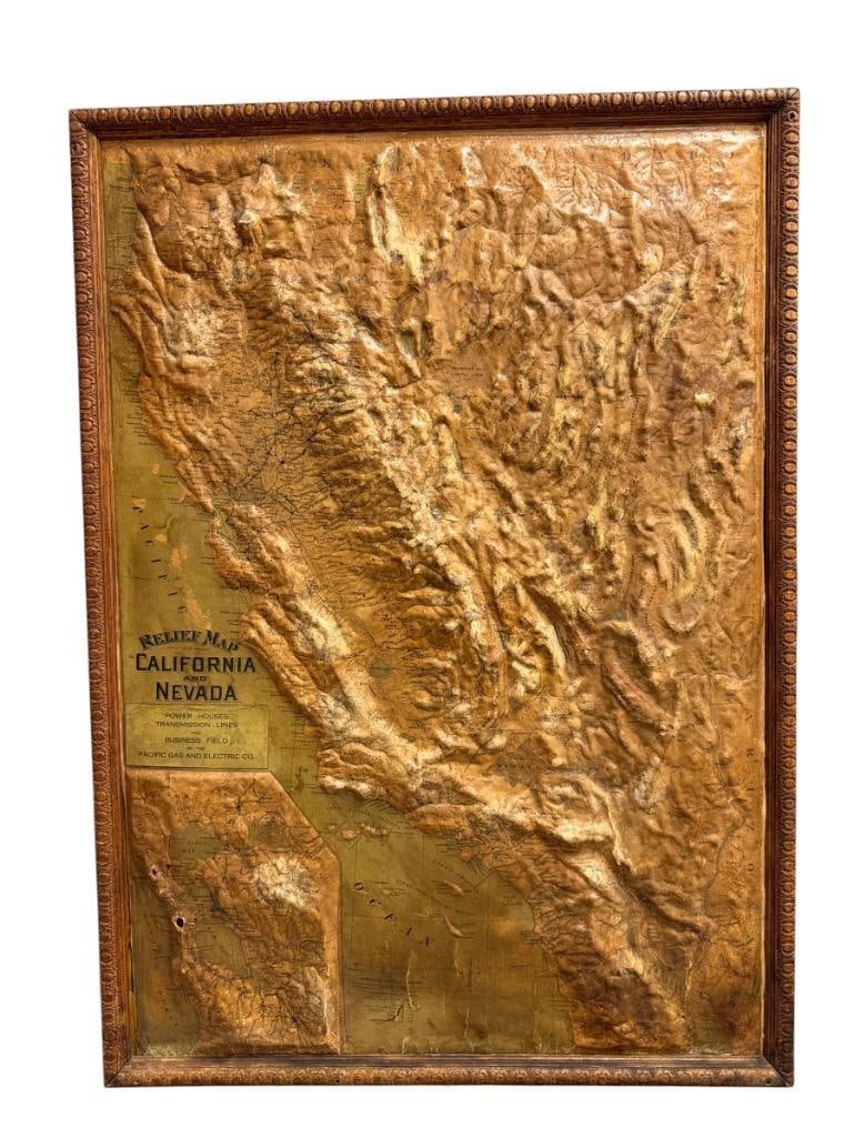 EARLY 20TH CENTURY 3D RAISED RELIEF MAP OF CALIFORNIA AND NEVADA POWER HOUSES BUSINESS FIELDS PG&E (1 of 17)