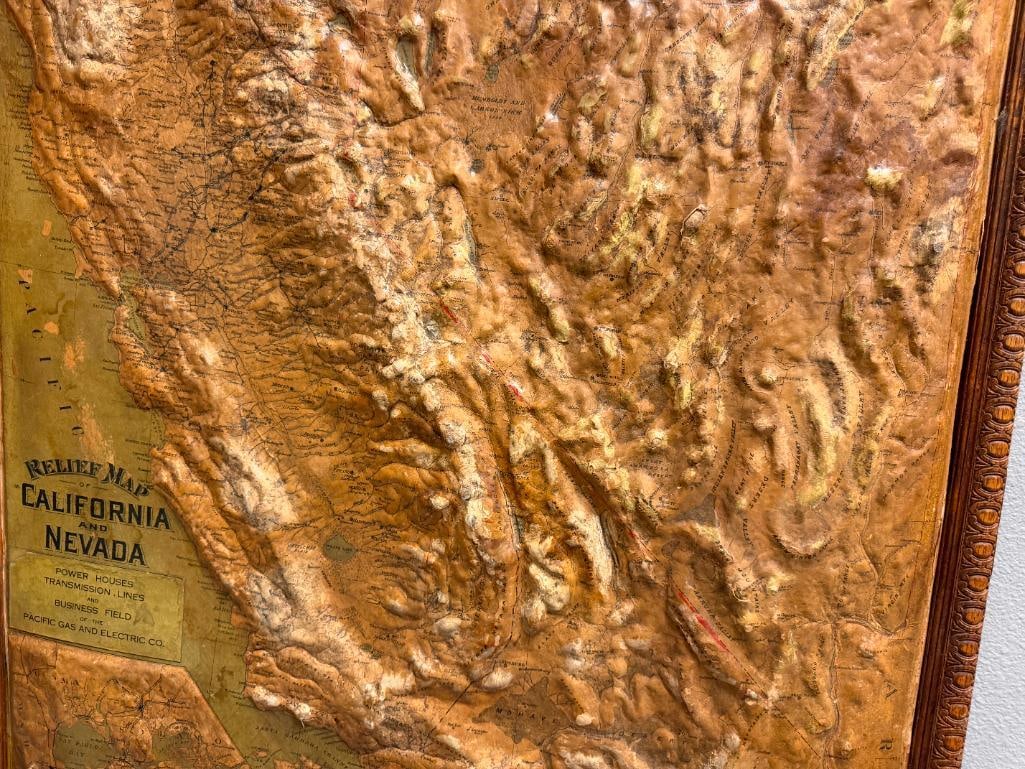 EARLY 20TH CENTURY 3D RAISED RELIEF MAP OF CALIFORNIA AND NEVADA POWER HOUSES BUSINESS FIELDS PG&E - 2