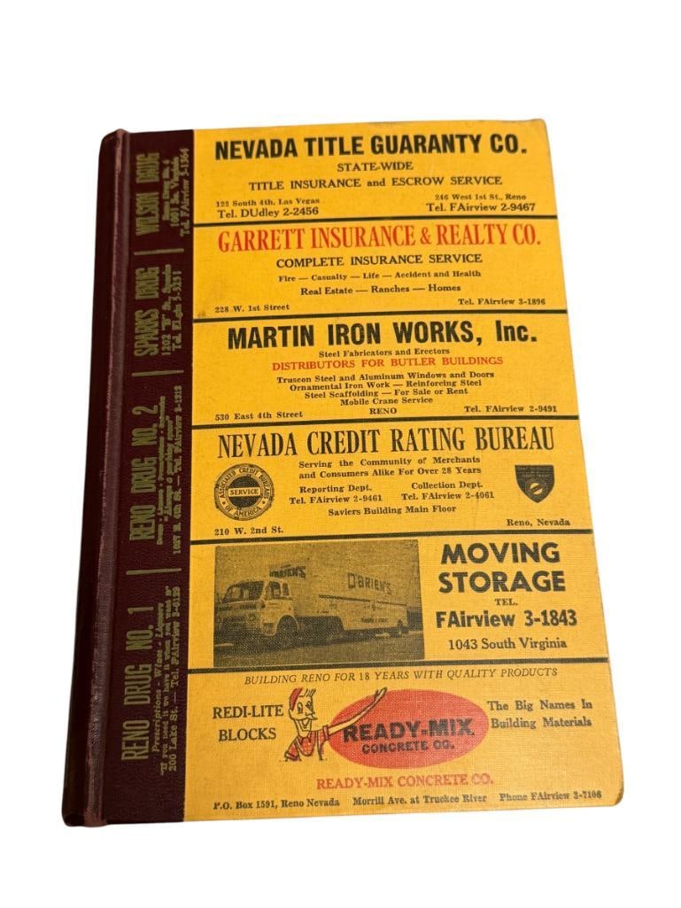 1956 POLK'S RENO / WASHOE COUNTY NEVADA CITY DIRECTORY INCLUDES SPARKS, CARSON CITY, WASHOE COUNTY: PUBLISHED BY R.L. POLK & CO., BOOK IS A DIRECTORY OF MANY BUSINESS FROM WASHOE COUNTY, FEATURES LIST OF BUSINESSES ALONG WITH ADVERTISEMENTS ON PAGE EDGES, FEATURES PHONE GUIDE AND