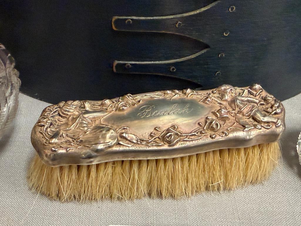ART NOUVEAU STERLING SILVER DRESSER SET FIGURAL AND FLOWER DESIGN SIX PIECES - 13
