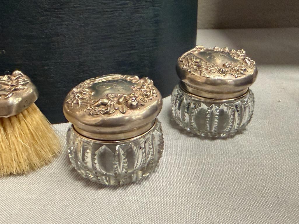 ART NOUVEAU STERLING SILVER DRESSER SET FIGURAL AND FLOWER DESIGN SIX PIECES - 14