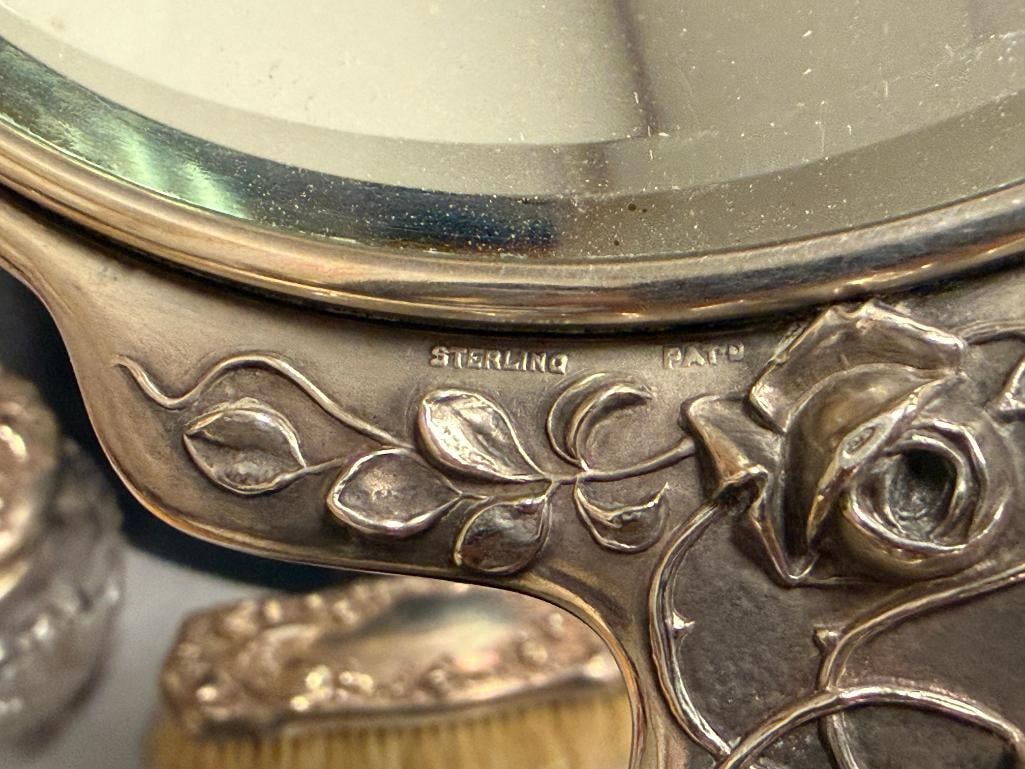 ART NOUVEAU STERLING SILVER DRESSER SET FIGURAL AND FLOWER DESIGN SIX PIECES - 16