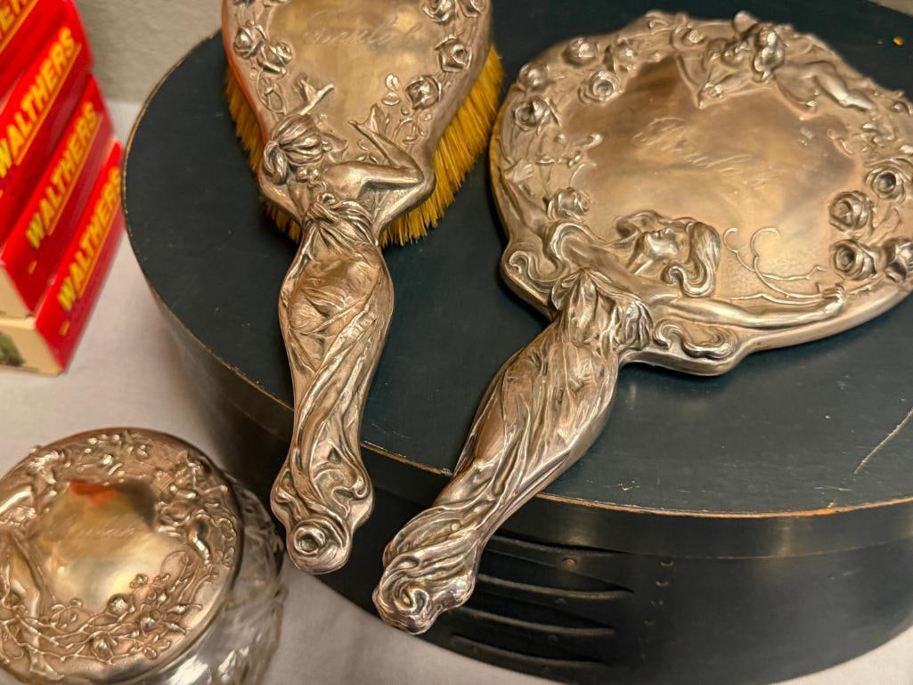 ART NOUVEAU STERLING SILVER DRESSER SET FIGURAL AND FLOWER DESIGN SIX PIECES - 5