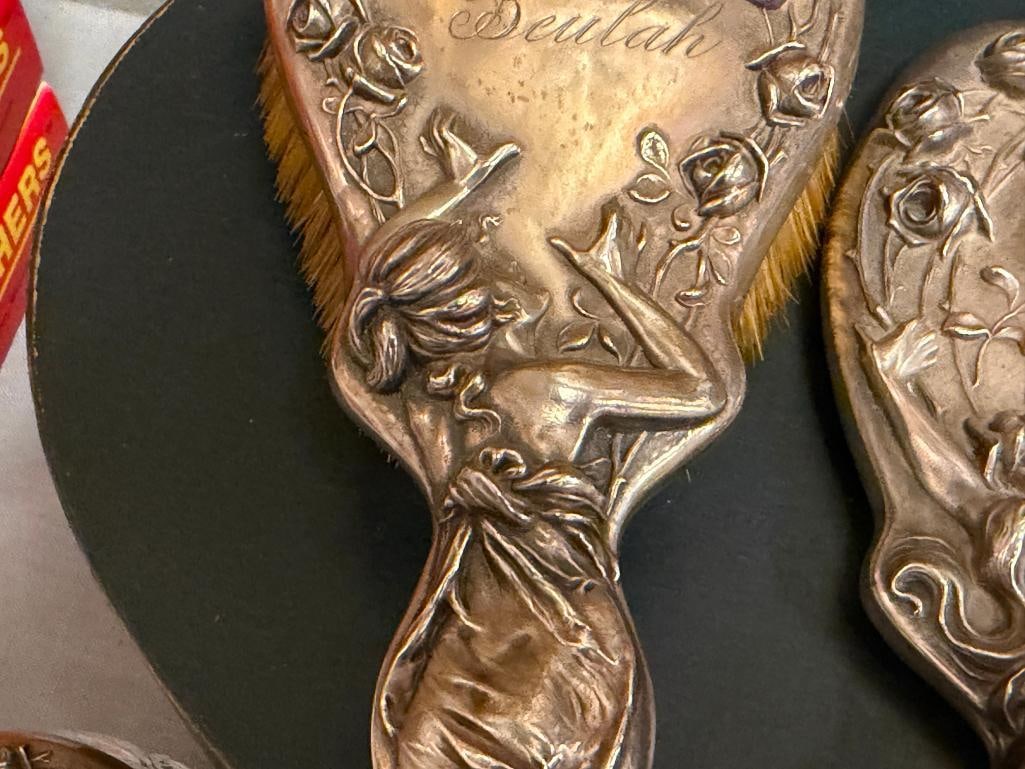 ART NOUVEAU STERLING SILVER DRESSER SET FIGURAL AND FLOWER DESIGN SIX PIECES - 6