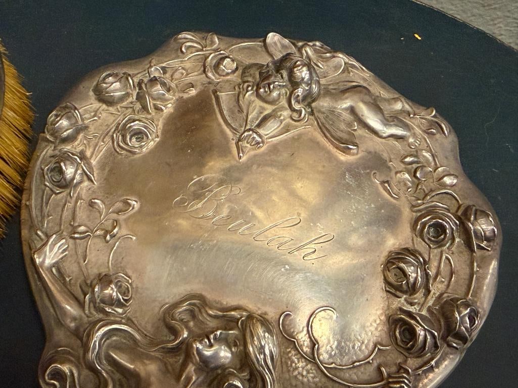 ART NOUVEAU STERLING SILVER DRESSER SET FIGURAL AND FLOWER DESIGN SIX PIECES - 8
