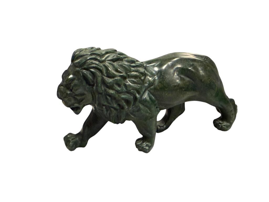 CARVED GREEN SOAPSTOEN LION FIGURINE SIGNED MATLOY: DETAIL CARVED LION SMALL FIGURINE, SIGNED ON THE BOTTOM, OVERALL IN GOOD CONDITION 5 3/4" L