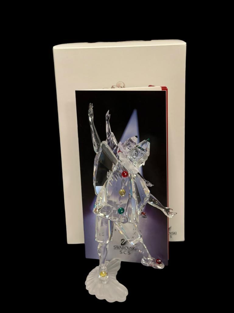 SWAROVSKI CRYSTAL SCS ANNUAL EDITION FIGURINE MASQUERADE PIERROT FIGURINE NO. 230586 RETIRED: MASQUERADE TRILOGY SERIES, CLEAR CRYSTAL FIGURINE WITH COLORED CRYSTAL ACCENTS, IN MINT CONDITION WITH ORIGINAL BOX AND CERTIFICATE BOOKLET, NO DAMAGE OR REPAIRS 8" H
