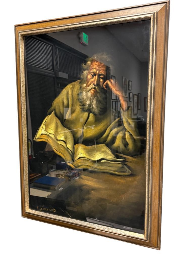 VINTAGE ORIGINAL PAINTING ON VELVET PORTRAIT SIGNED NAVARRO: VELVET PAINTING DEPICTS PORTRAIT OF AN OLDER MAN IN GREEN ROBE READING A BOOK WITH BLACK MOODY BACKGROUND, SIGNED LOWER LEFT, FRAMED 27" X 36 1/2" FRAME