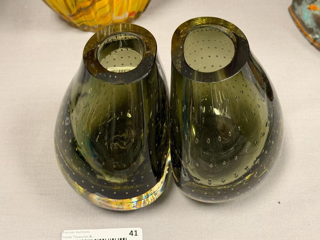MID-CENTURY MODERN SMOKED GLASS BULLICANTE BOOKEND VASES ART GLASS - 2