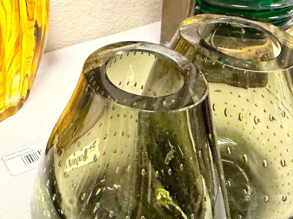MID-CENTURY MODERN SMOKED GLASS BULLICANTE BOOKEND VASES ART GLASS - 3
