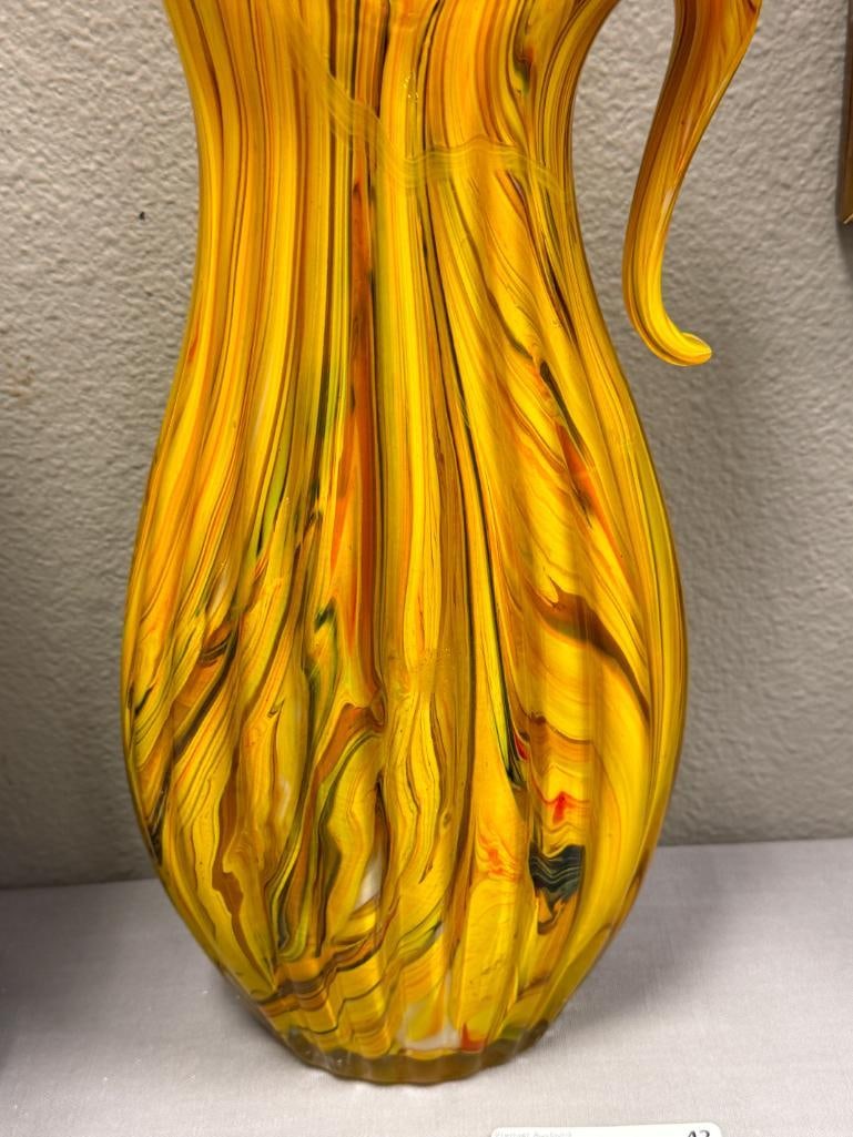 LARGE HAND BLOWN ART GLASS VIBRANT ART GLASS PITCHER - 2