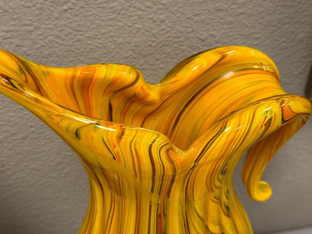 LARGE HAND BLOWN ART GLASS VIBRANT ART GLASS PITCHER - 3