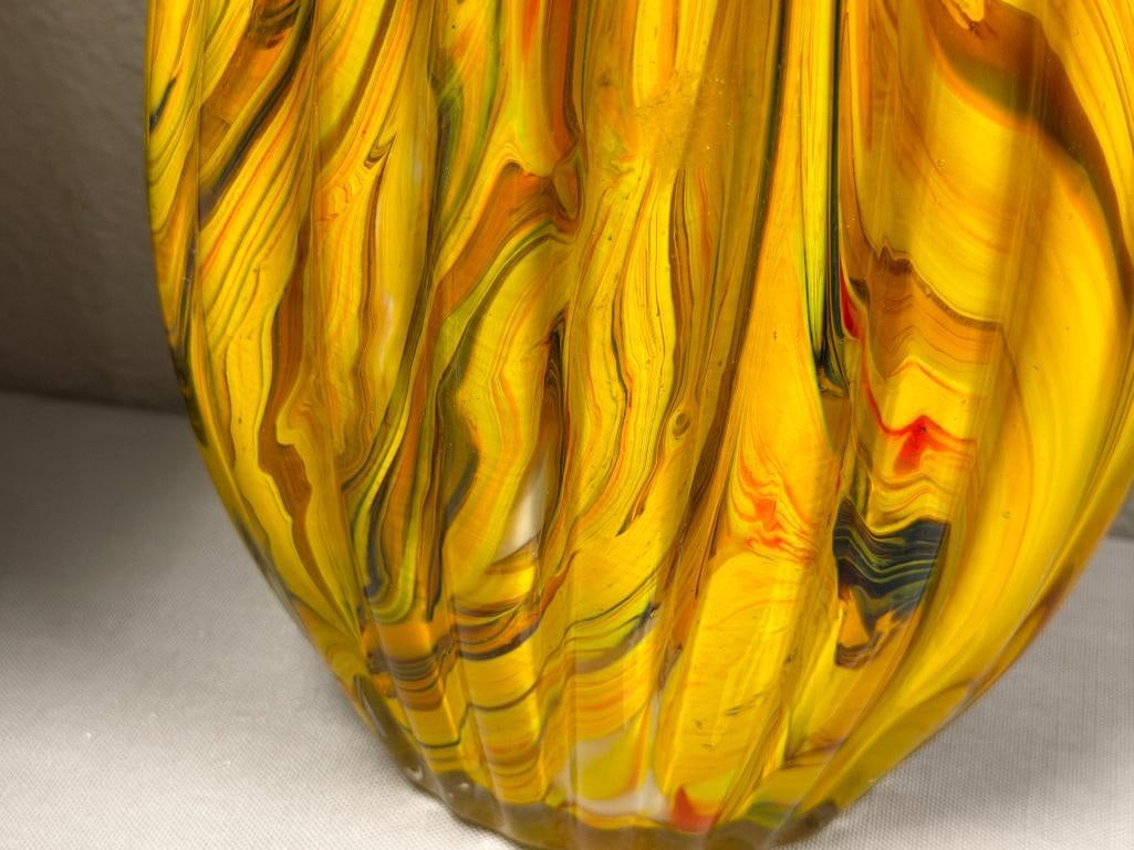 LARGE HAND BLOWN ART GLASS VIBRANT ART GLASS PITCHER - 4