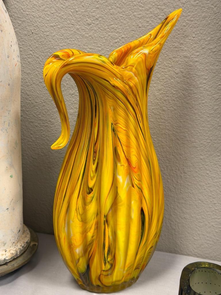 LARGE HAND BLOWN ART GLASS VIBRANT ART GLASS PITCHER - 5
