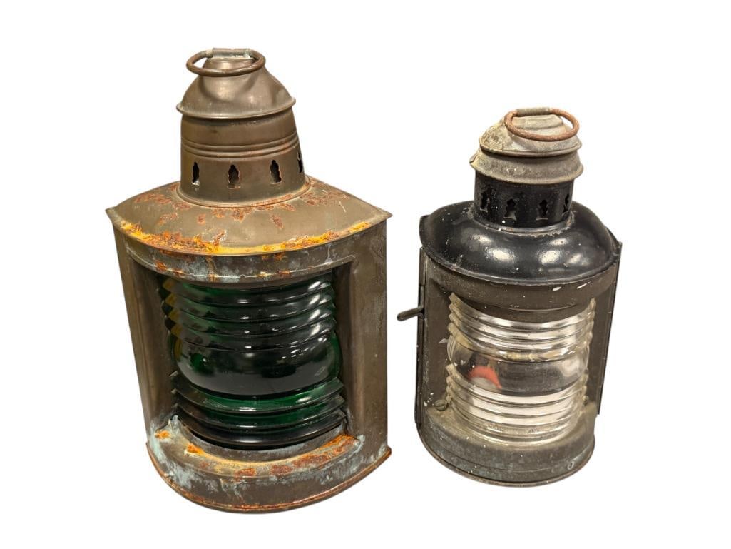 VINTAGE NAUTICAL BRASS SHIP LANTERNS ONE IS MADE BY PERKINS WITH RIBBED GLASS SHADE (1 of 10)