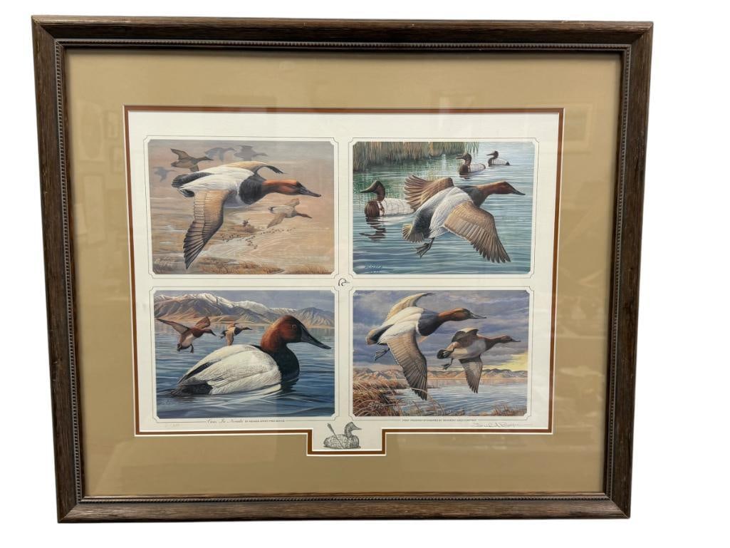 FRED BOYCE NEVADA ARTIST LIMITED EDITION PRINT CANS. IN NEVADA NO. 6/500 SPONSORED PRINT: PRINT PROGRAM SPONSORED BY NEWMONT GOLD COMPANY, ART ILLUSTRATES FOUR SCENES OF CANVAS BACK DUCKS IN FLIGHT OR ON WATER, SIGNED LOWER RIGHT, FRAMED 29" X 24" FRAME