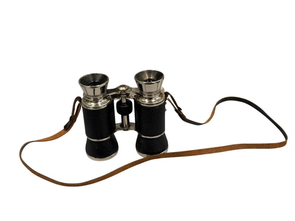 MID- TO LATE 20TH CENTURY LUMINEUX PRISMEX 6 LENSES OPERA / THEATER GLASSES: CHROME FINISH WITH BLACK LEATHER WRAPPED EYE PIECES AND BODY, INCLUDES LEATHER NECK STRAP 4 1/4" L