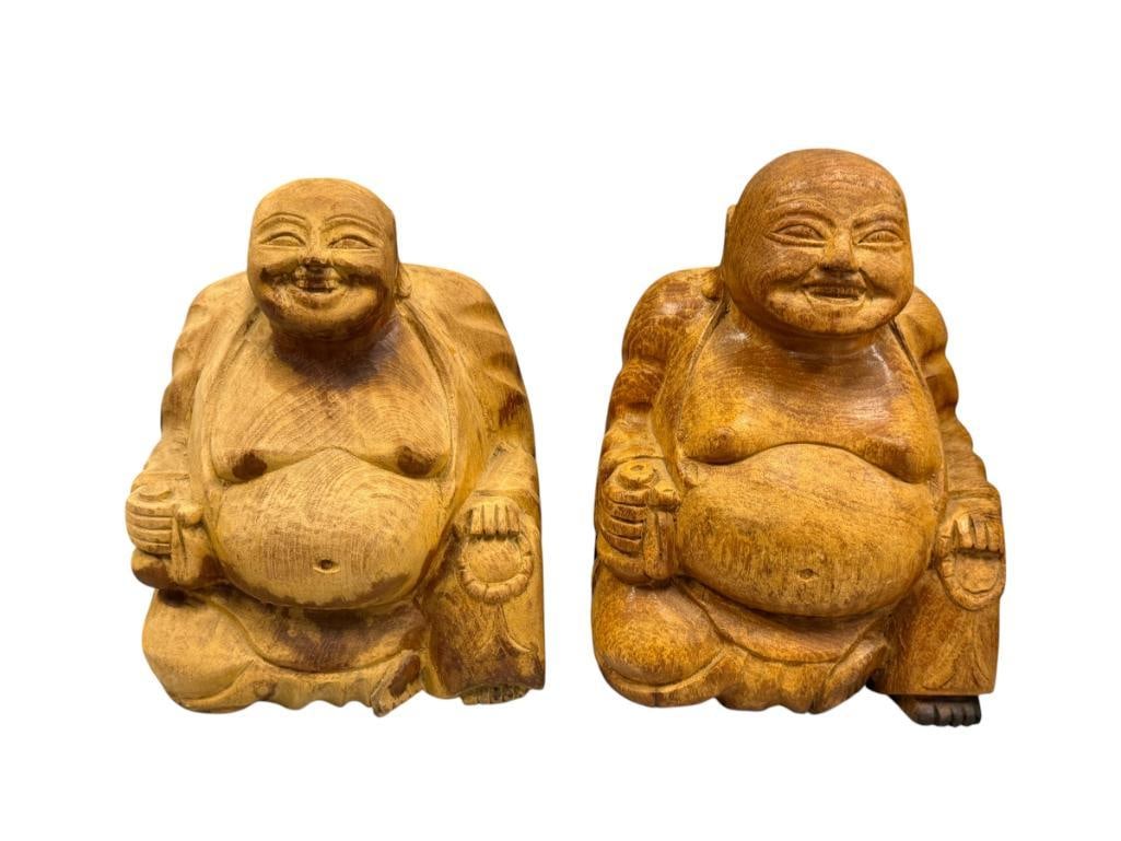 PAIR OF VINTAGE SOLID CARVED WOOD LAUGHING BUDDHAS STATUES (1 of 9)