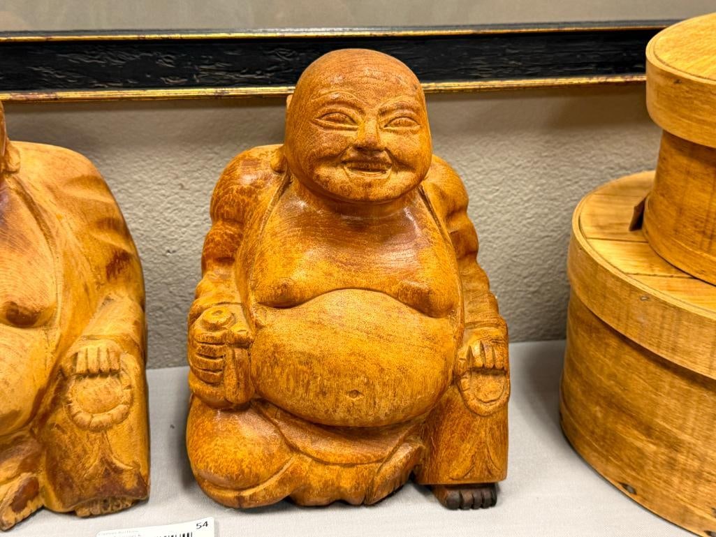 PAIR OF VINTAGE SOLID CARVED WOOD LAUGHING BUDDHAS STATUES - 2