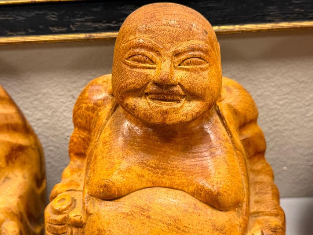 PAIR OF VINTAGE SOLID CARVED WOOD LAUGHING BUDDHAS STATUES - 3