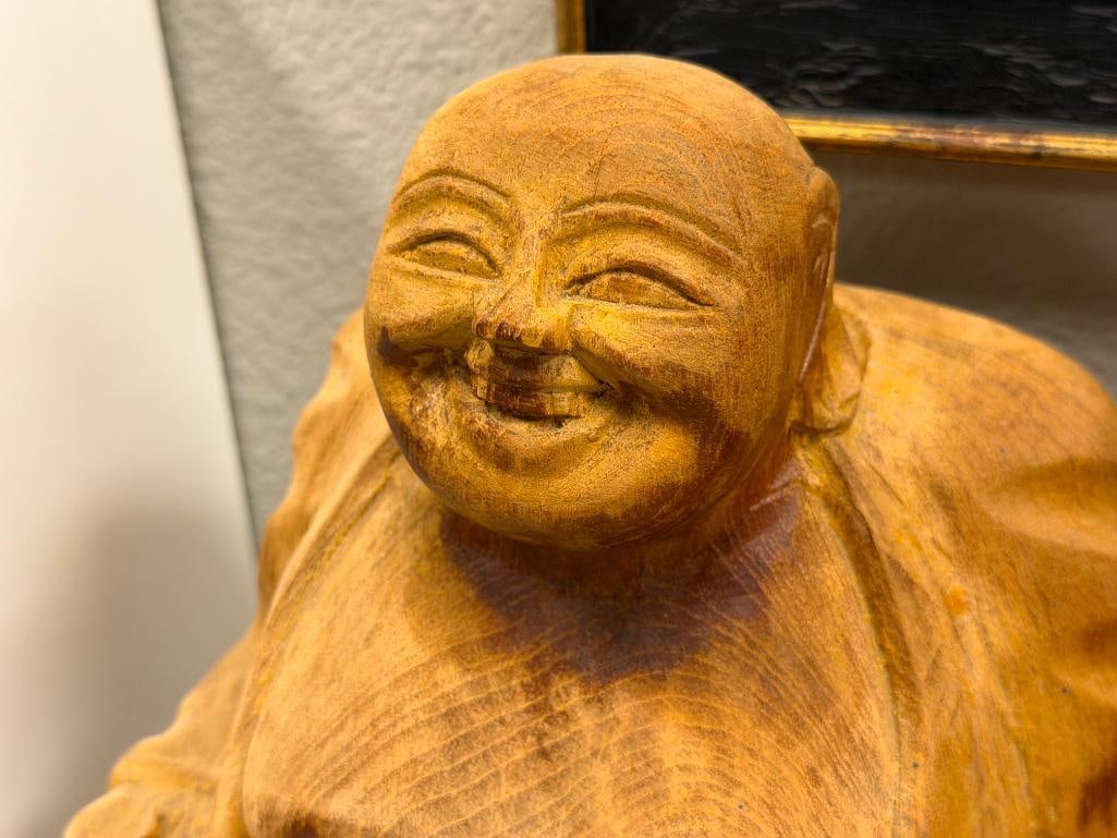 PAIR OF VINTAGE SOLID CARVED WOOD LAUGHING BUDDHAS STATUES - 5
