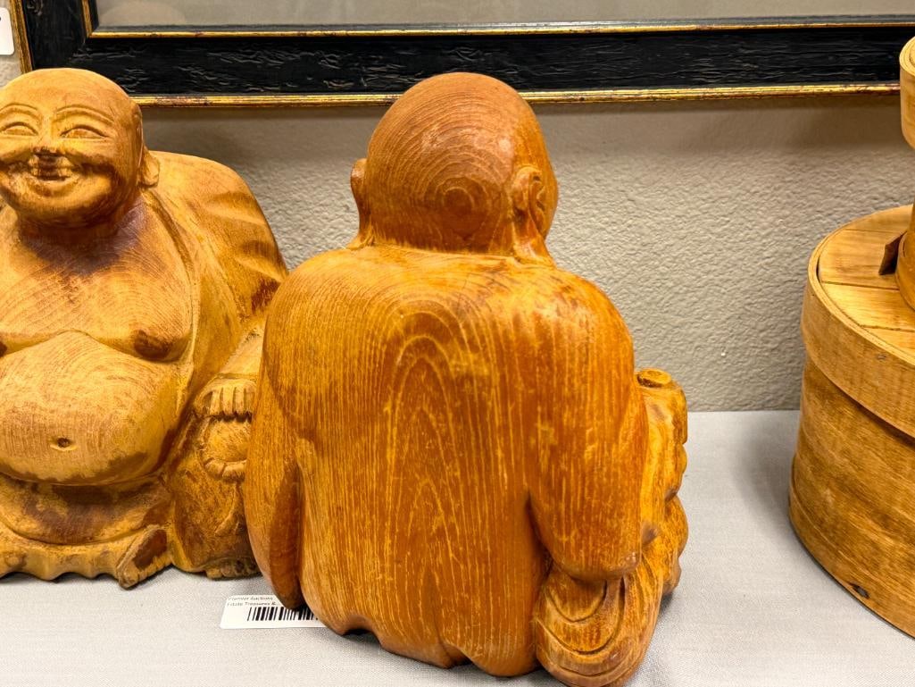 PAIR OF VINTAGE SOLID CARVED WOOD LAUGHING BUDDHAS STATUES - 6