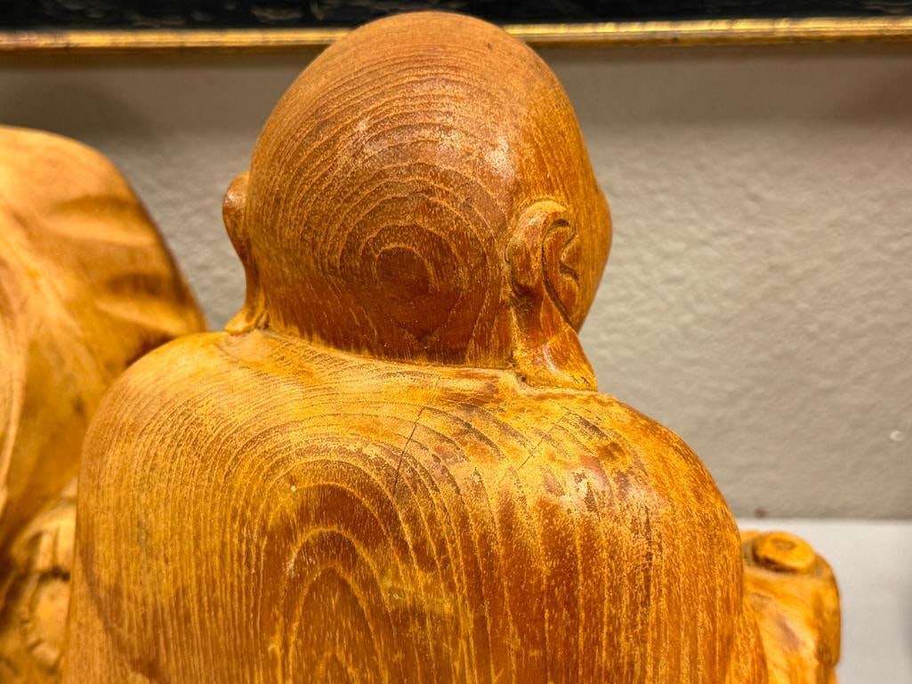 PAIR OF VINTAGE SOLID CARVED WOOD LAUGHING BUDDHAS STATUES - 7