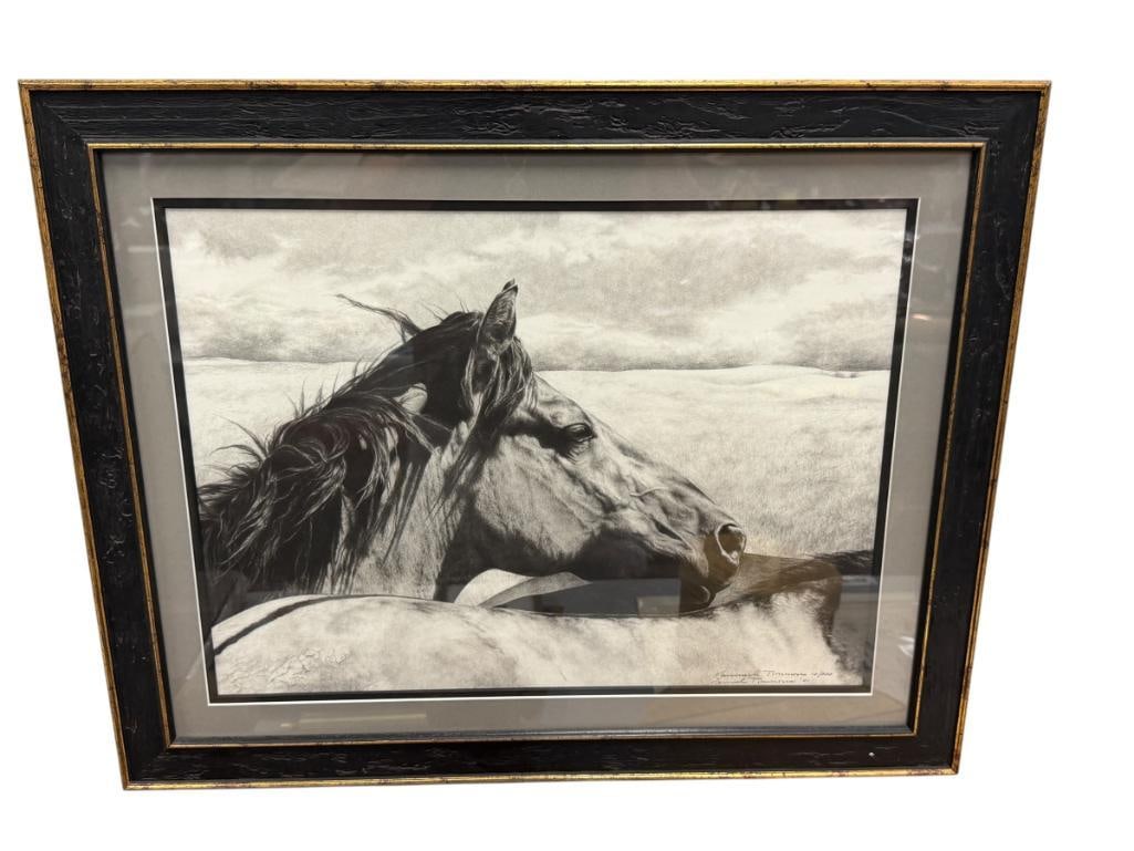 KARMEL TIMMONS WESTERN AND EQUINE AWARD WINNING ARTIST LIMITED EDITION PRINT NO. 10/500: KARMEL TIMMONS WYOMING BASED ARTIST LIMITED EDITION PRINT DEPICTS SCENE OF A HORSE WALKING IN A PLAIN WITH MOUNTAINS FAINT IN THE BACKGROUND, SIGNED LOWER RIGHT, FRAMED 25 1/2" X 20 1/2" FRAME