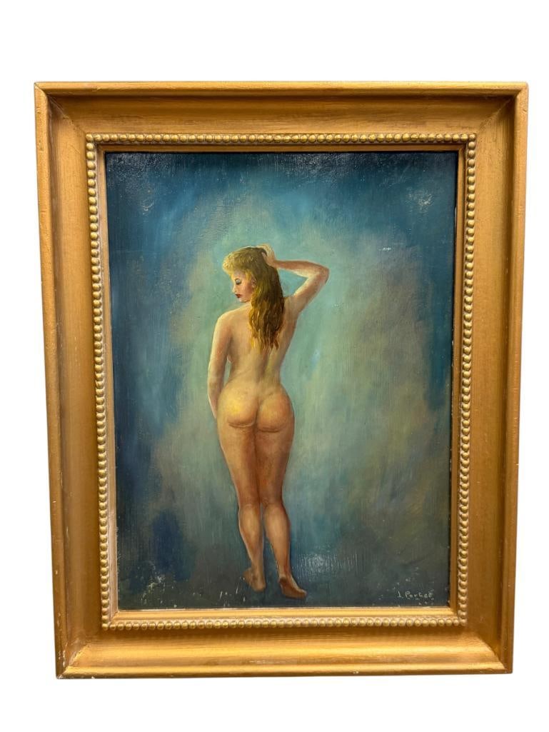 JOSEPH PORTER MID-CENTURY ORIGINAL OIL ON BOARD NUDE PAINTING: ART DEPICTS A BACK VIEW OF A NUDE WOMAN WITH BLONDE HAIR, SIGNED LOWER RIGHT, PAINTING DOES SHOW SOME DAMAGE IN THE CORNERS, FRAMED 15 1/2" X 19 1/2" FRAME 