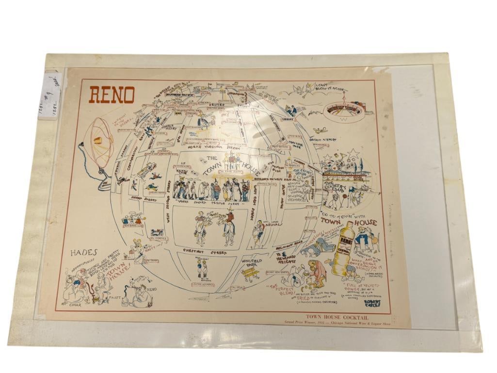 ROBERT CAPLES NEVADA ARTIST 1935 TOWN HOUSE ADVERTISMENT MAP OF RENO, NV RARE WESTERN EPHEMERA (1 of 8)