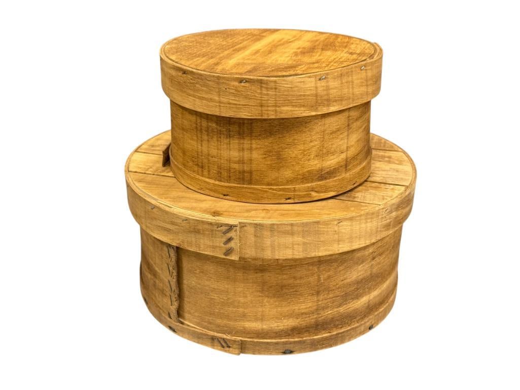 VINTAGE ROUND WOODEN CHEESE BOXES: ROUND CHEESE BOXES WITH BENT WOOD RIM AND BASE, MADE WITH STAPLES 8" AND 11" ROUND
