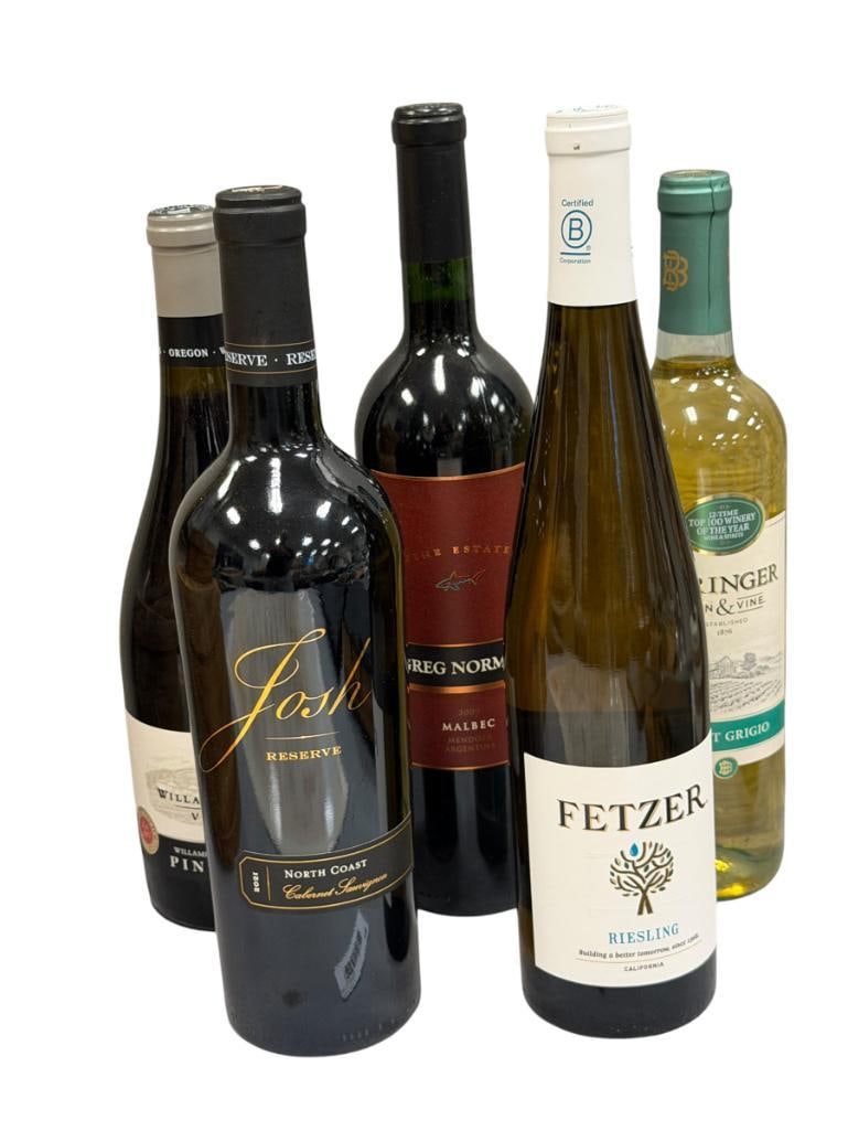FIVE SEALED BOTTLES OF WINE CABARNET, RIESLING, PINOT, MALBEC, JOSH, WINE ESTATES, BERINGER: 2021 JOSH RESERVE, 2009 WILLIAMETTE VALLEY, 2009 GREG NORMAN WINE ESTATES, BERINGER, AND FETZER, EACH BOTTLES IS SEALED, WERE STORED PROPERLY, MUST BE 21+ TO BID AND PURCHASE ITEM, ID CHECK