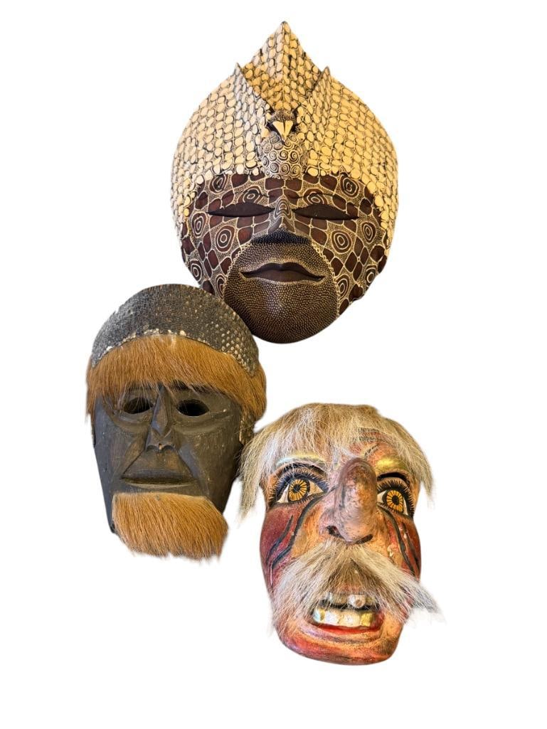 VINTAGE OAXACA, MX RITUAL ARMADILLO DANCE MASK, LATIN AMERICA VINTAGE PUPPET MASK: AND INDONESIAN CARVED WOOD WALL MASK WITH TRADITIONAL BATIK PATTERN WITH CARVED BIRD 6" UP TO 8" H
