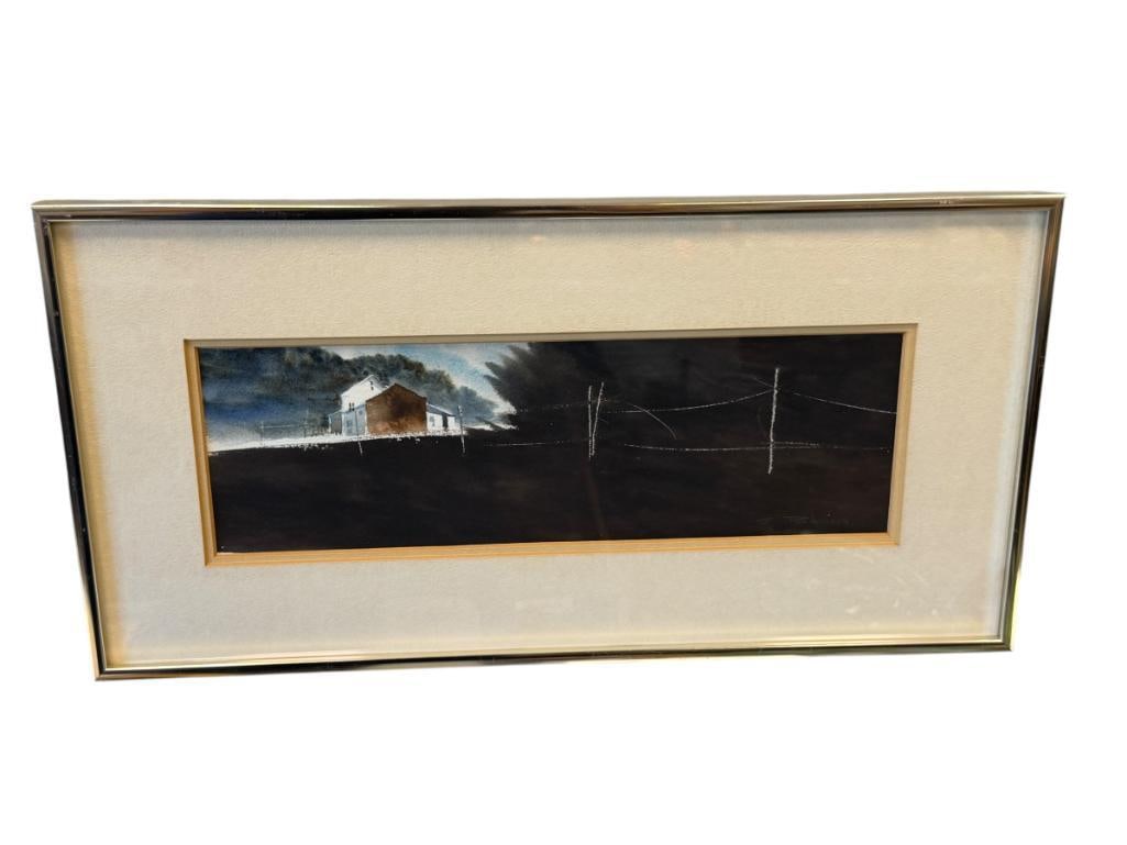 GORDON ROBINSON NORTHEAAST ARTIST ORIGINAL WATERCOLOR ON PAPER PAINTING: ART DEPICTS SCENE OF A HOME IN A STORM WITH MOODY BACKGROUND AND FENCE IN THE FOREGROUND, SIGNED LOWER RIGHT, FRAMED 20 1/4" X 10 1/4" FRAME