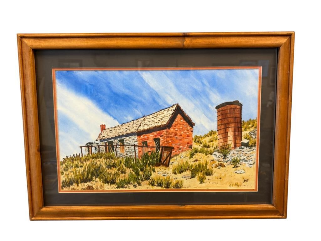 J. MALCOM EDMISTON NEVADA ARTIST ORIGINAL WATERCOLOR ON PAPER WESTERN LANDSCAPE: J. MALCOM EDMISTON (1922-2019) WAS BORN IN LOS ANGELES, WAS A SURGEON AND JOINED THE MILITARY IN 1947, MOVED TO RENO, NV AND WAS ONE OF THE FACULTY PHYSICIANS, ART DEPICTS BRICK HOME IN NEVADA DESERT