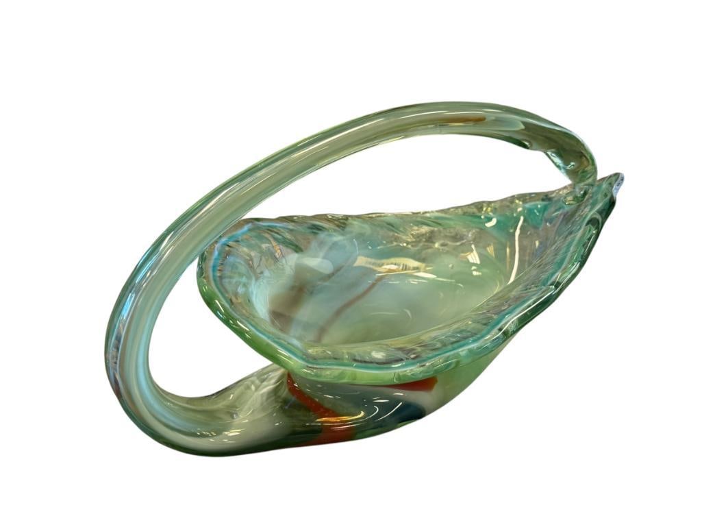 MID-CENTURY HAND BLOWN ART GLASS GREEN SWIRLED SWAN-LIKE BOWL: OBLONG BOWL WITH LONG LOOPED HANDLES, MULTICOLOR SWIRL 12" L