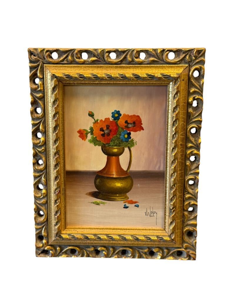 MID-20TH CENTURY V . WELEY DUTCH ARTIST ORIGINAL OIL ON BOARD MINIATURE PAINTING STILL-LIFE: V. WELEY IS A DUTCH - AMERICAN ARTIST KNOWN FOR HER MINIATURE REALISTIC PAINTINGS, ART DEPICTS STILL-LIFE OF A VASE FILLED WITH FLOWERS, SIGNED LOWER RIGHT, ARTIST INFO ON THE BACK, FRAMED 7 1/2" X 9 