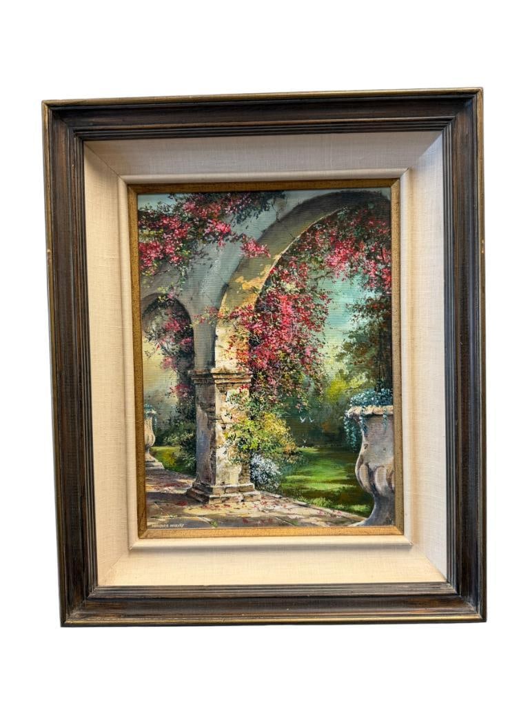 MAURICE HARVEY ENGLISH ARTIST ORIGINAL OIL ON CANVAS PAINTING TITLED IN THE MISSION GARDEN: MAURICE HARVEY (1928-2019) STUDIED IN ENGLAND, LIVED IN CARMEL BY THE SEA AND IS KNOWN FOR HIS LANDSCAPES, ART DEPICTS AN ARCH WAY WITH LARGE GARDEN POTS WITH VIVID VEGETATION AND FLOWERS, SIGNED LOWE