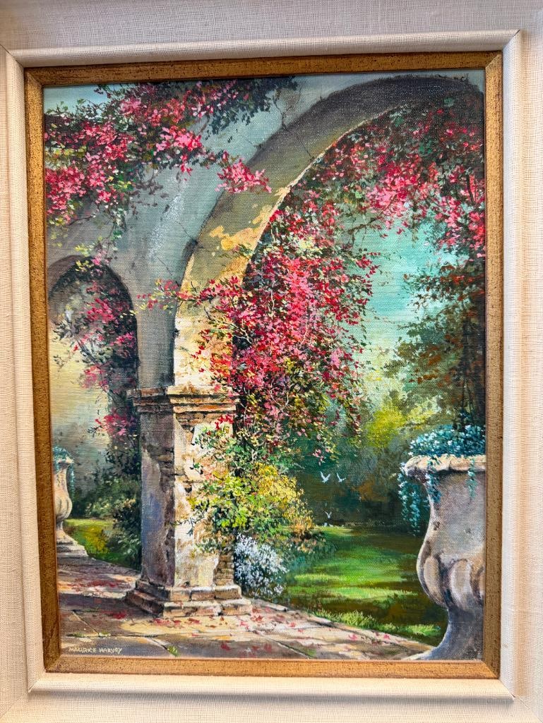 MAURICE HARVEY ENGLISH ARTIST ORIGINAL OIL ON CANVAS PAINTING TITLED IN THE MISSION GARDEN - 2