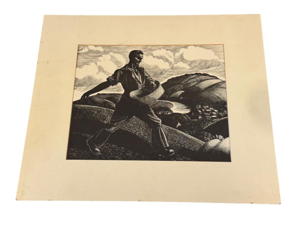 CLARE LEIGHTON ARTIST WOOD ENGRAVING TITLED APRIL: SOWING 1933 SERIES THE FARMER'S YEAR: CLARE LEIGHTON (1898-1989) WAS AN ENGLISH - AMERICAN ARTIST, ART ILLUSTRATED A TRADITIONAL BLACK AND WHITE AGRICULTURAL SCENE OF A MAN SEEDING ACROSS A ROLLING LANDSCAPE 15 1/4" X 13" MATTING