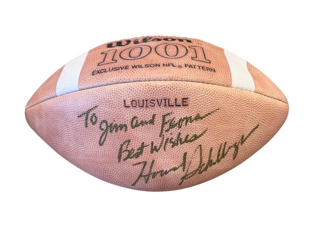 PERSONALIZED AUTOGRAPHED LOUISVILLE FOOTBALL BY HOWARD SCHNELLENBERGER: HOWARD SCHNELLENBERGER WAS AN AMERICAN FOOTBALL COACH, COACHING FROM 1959-2011, COACHED FOR LOUISVILLE FROM 1985-1994 