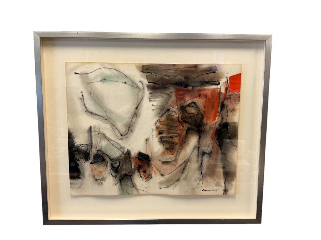 ALEXANDER NEPOTE CALIFORNIA BORN ARTIST MODERNIST ORIGINAL WATERCOLOR ON PAPER ABSTRACT: ALEXANDER NEPOTE (1913-1986) WAS BORN ON A RANCH NEAR STOCKTON CALIFORNIA, KNOWN FOR HIS MIXED-MEDIA ABSTRACTIONS, ART DEPICTS ABSTRACT LANDSCAPE, SIGNED LOWER RIGHT, FRAMED 32 1/2" X 27 1/2" FRAME