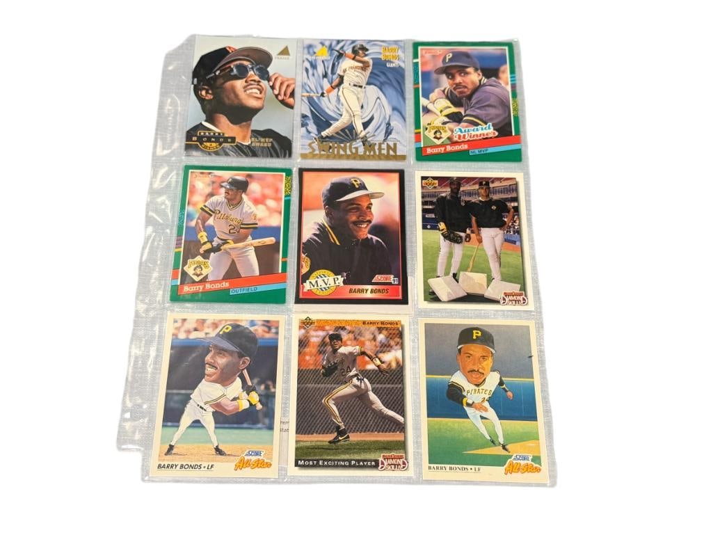 NINE ASSORTED BARRY BONDS BASEBALL CARDS 1990'S ERA SCORE, UPPER DECK, LEAF, PINNACLE: INCLUDES 1990 LEAF NO. 762, 1991 SCORE NO. 668, 1990 LEAD NO. 495, 1994 PINNACLE NO. 26, AND OTHERS, IN PROTECTIVE SHEET